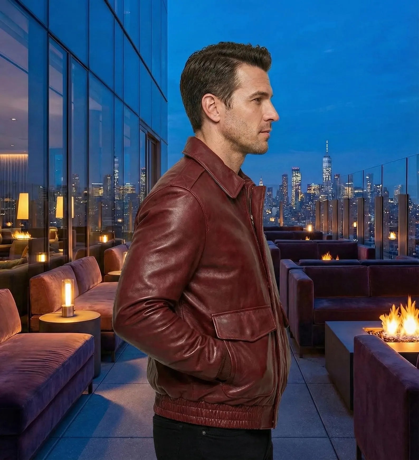 Men's Maroon Leather Bomber Jacket - Vintage Style Aviator Coat with Ribbed Cuffs