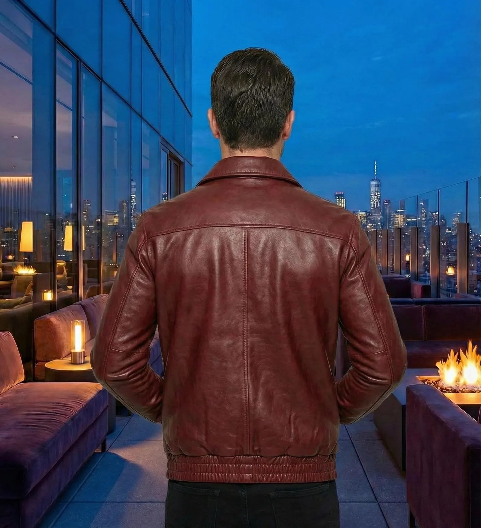 Men's Maroon Leather Bomber Jacket - Vintage Style Aviator Coat with Ribbed Cuffs