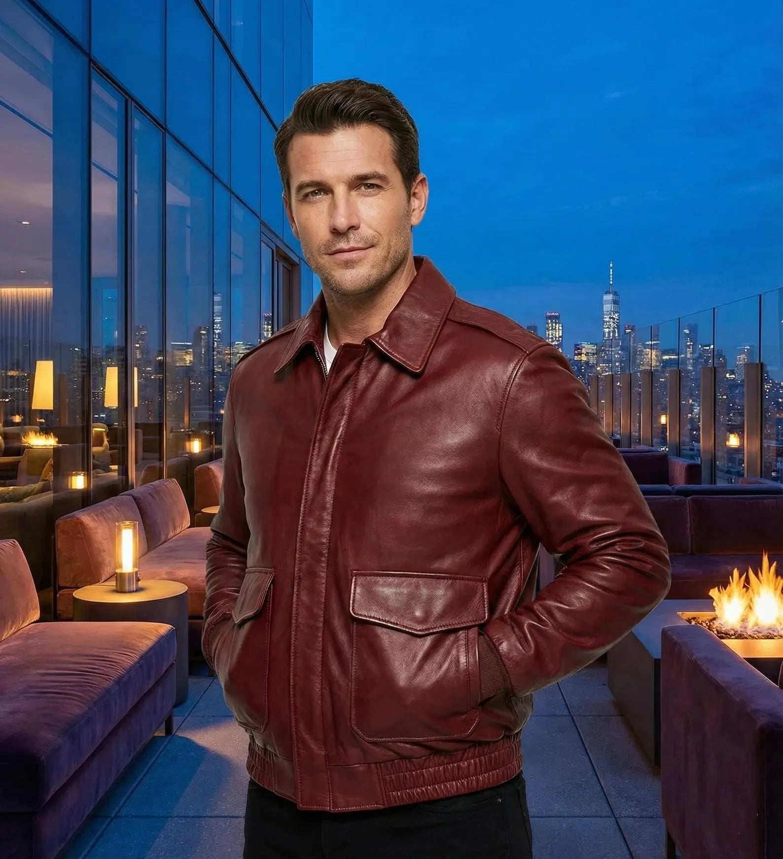 Men's Maroon Leather Bomber Jacket - Vintage Style Aviator Coat with Ribbed Cuffs