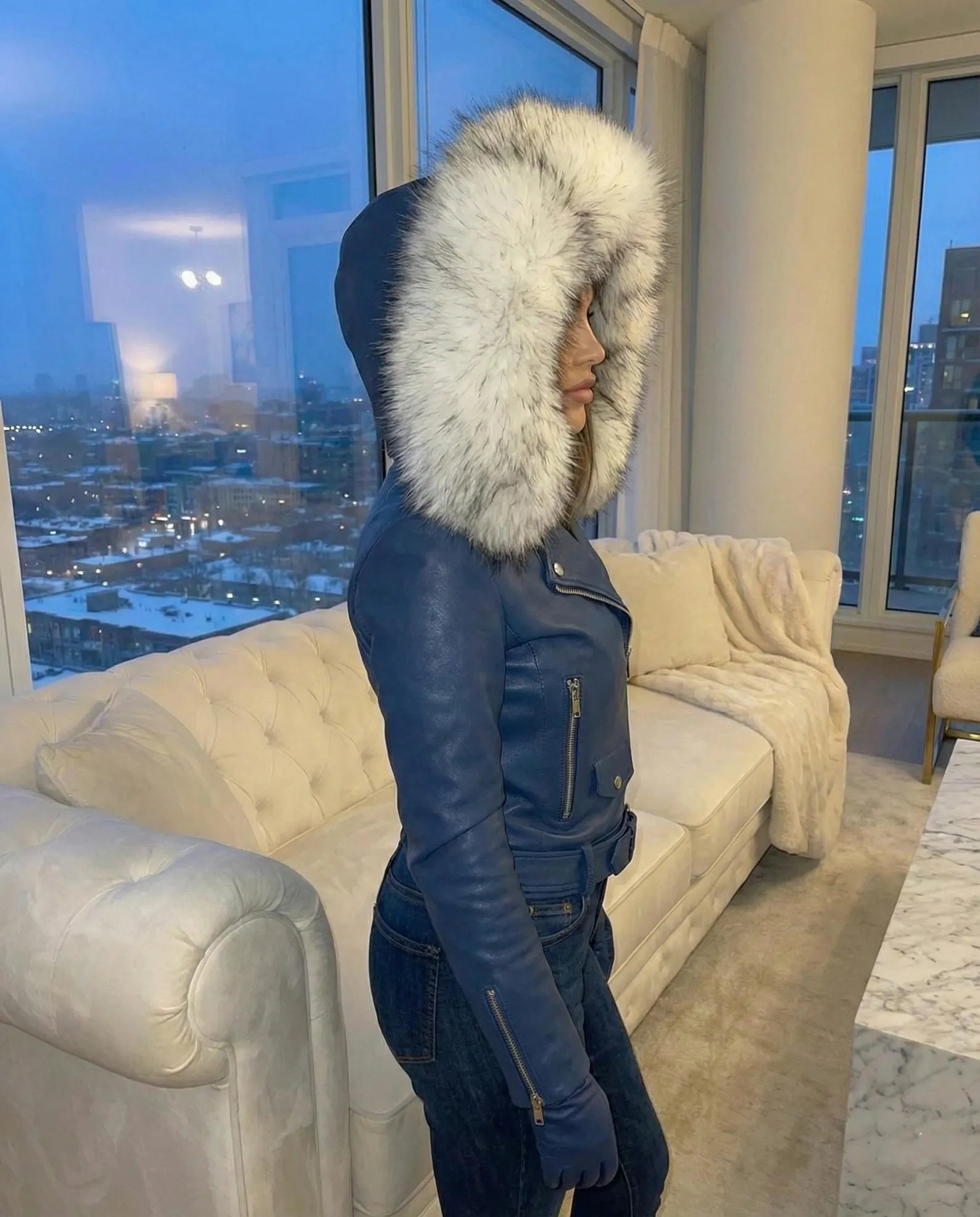 Women’s Blue Leather Biker Jacket with Oversized Fur Hood – Navy Blue Winter Moto Coat