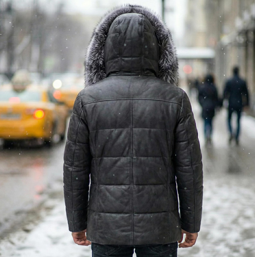 Men’s Luxury Black Leather Puffer Jacket Real Fox Fur Hood Winter Puffy Coat