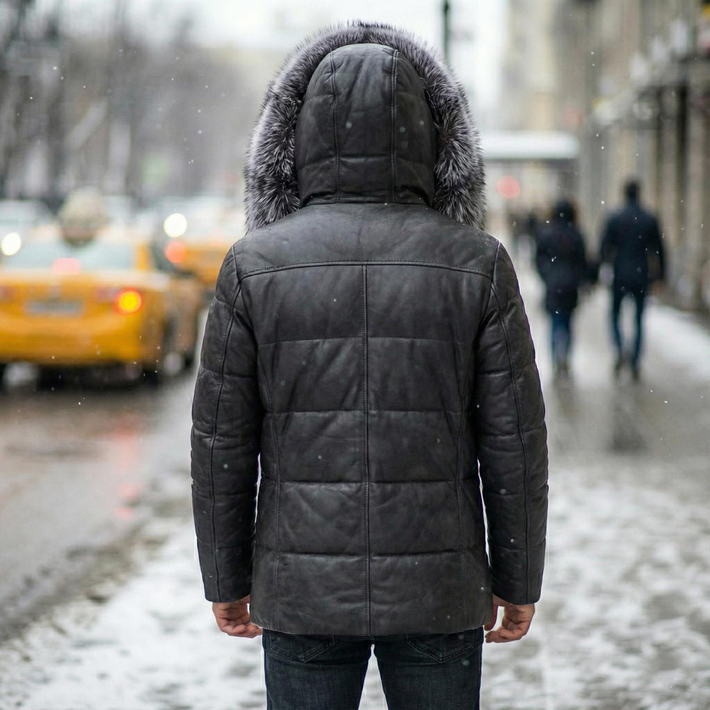 Men’s Luxury Black Leather Puffer Jacket Real Fox Fur Hood Winter Puffy Coat