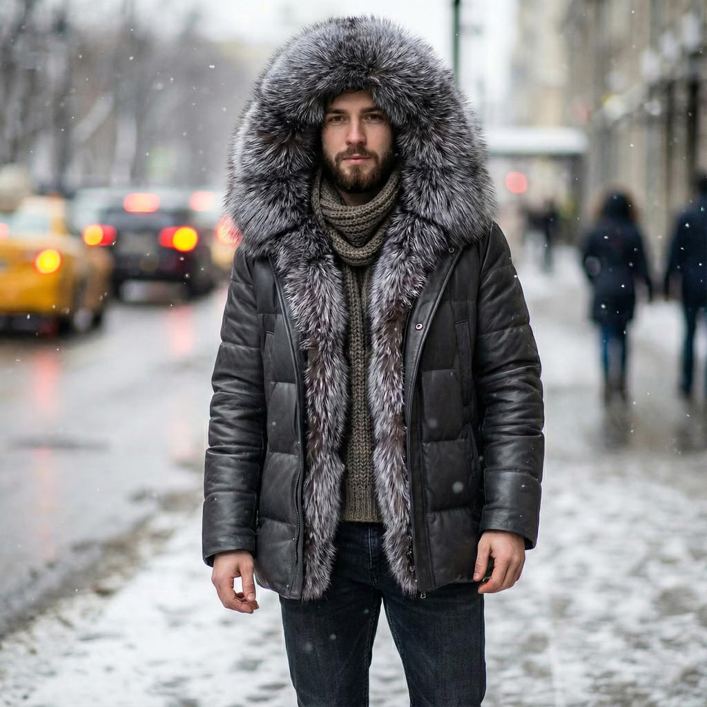 Men’s Luxury Black Leather Puffer Jacket Real Fox Fur Hood Winter Puffy Coat