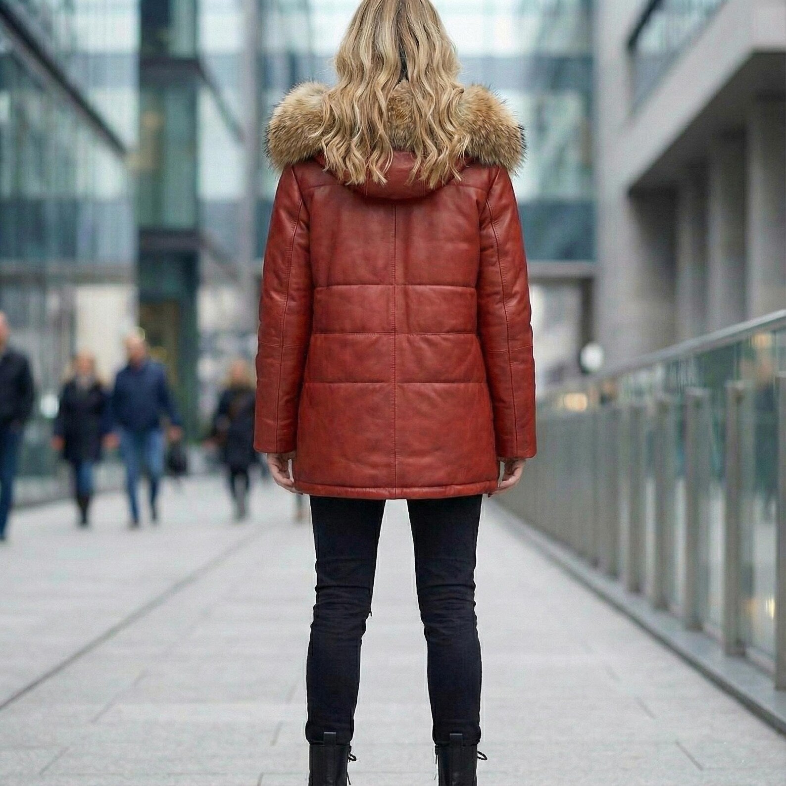 Women’s Red Leather Puffer Jacket with Fur Hood, Quilted Winter Parka, Warm Sheepskin Coat