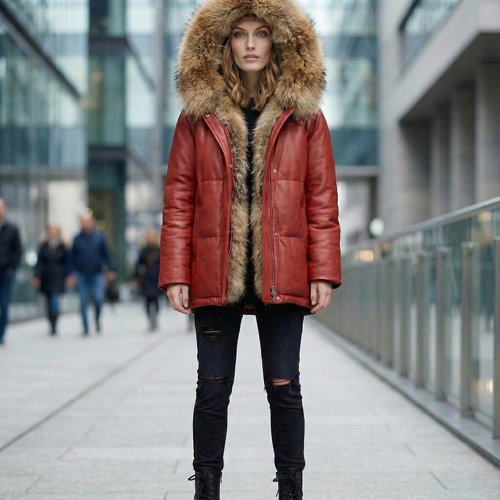 Women’s Red Leather Puffer Jacket with Fur Hood, Quilted Winter Parka, Warm Sheepskin Coat