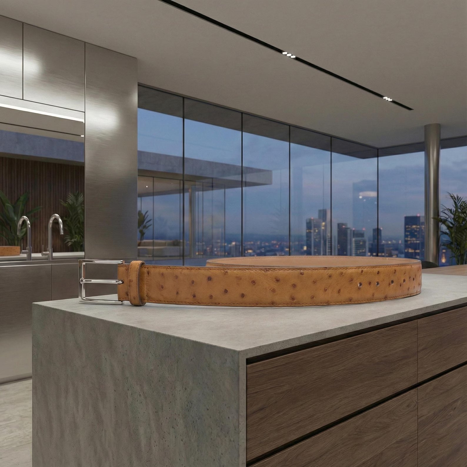 Tan Ostrich Leather Belt | Handcrafted Men's Exotic Skin Belt | High-End Cognac Dress Strap