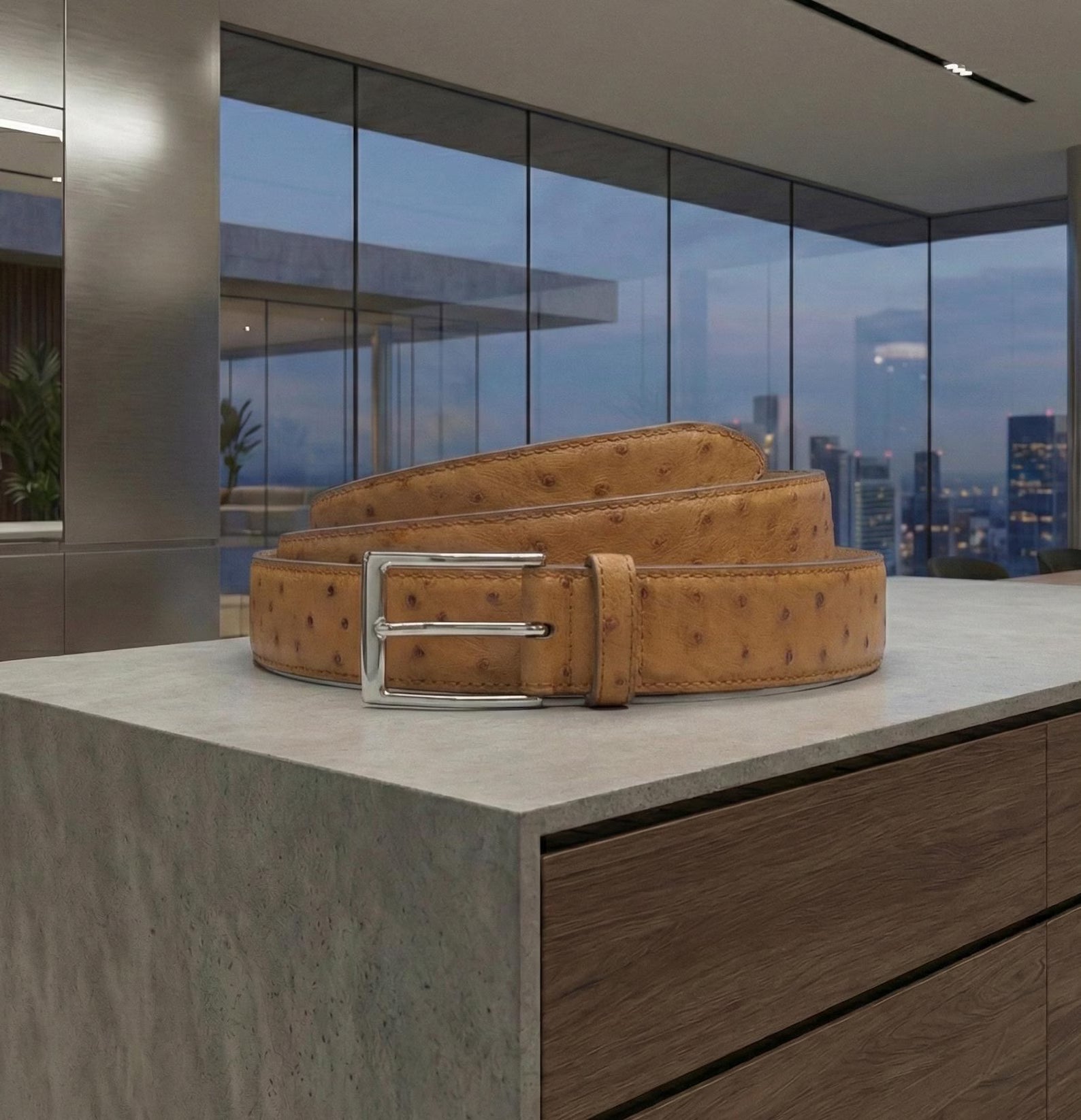 Tan Ostrich Leather Belt | Handcrafted Men's Exotic Skin Belt | High-End Cognac Dress Strap