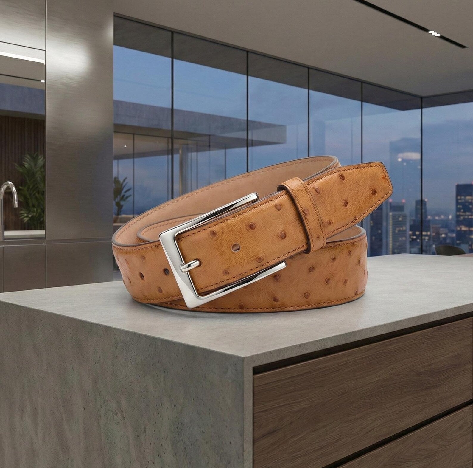 Tan Ostrich Leather Belt | Handcrafted Men's Exotic Skin Belt | High-End Cognac Dress Strap