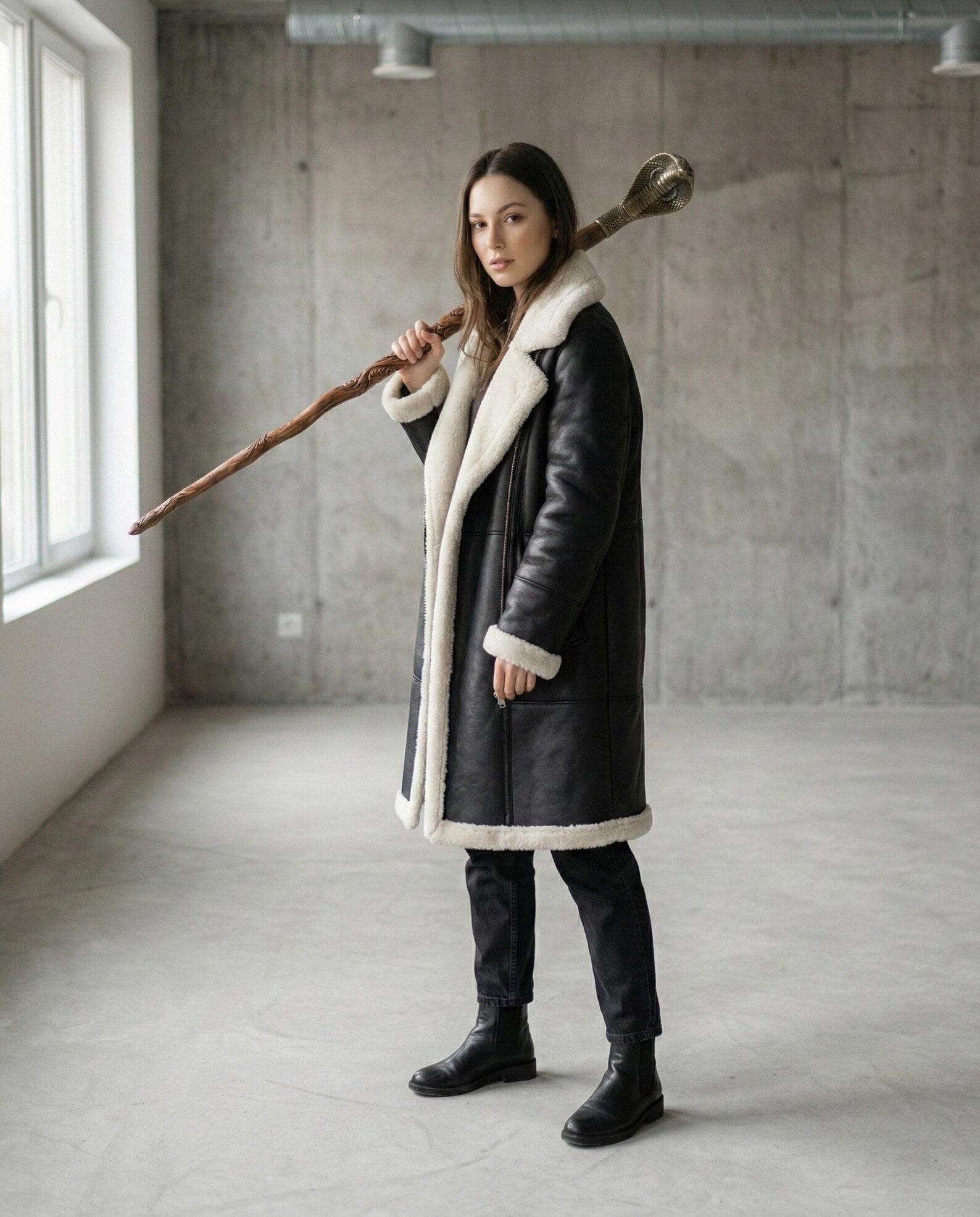 Women’s Black Leather Coat | Belted Winter Trench | Warm Fur Lined Aviator Jacket | B3 Bomber