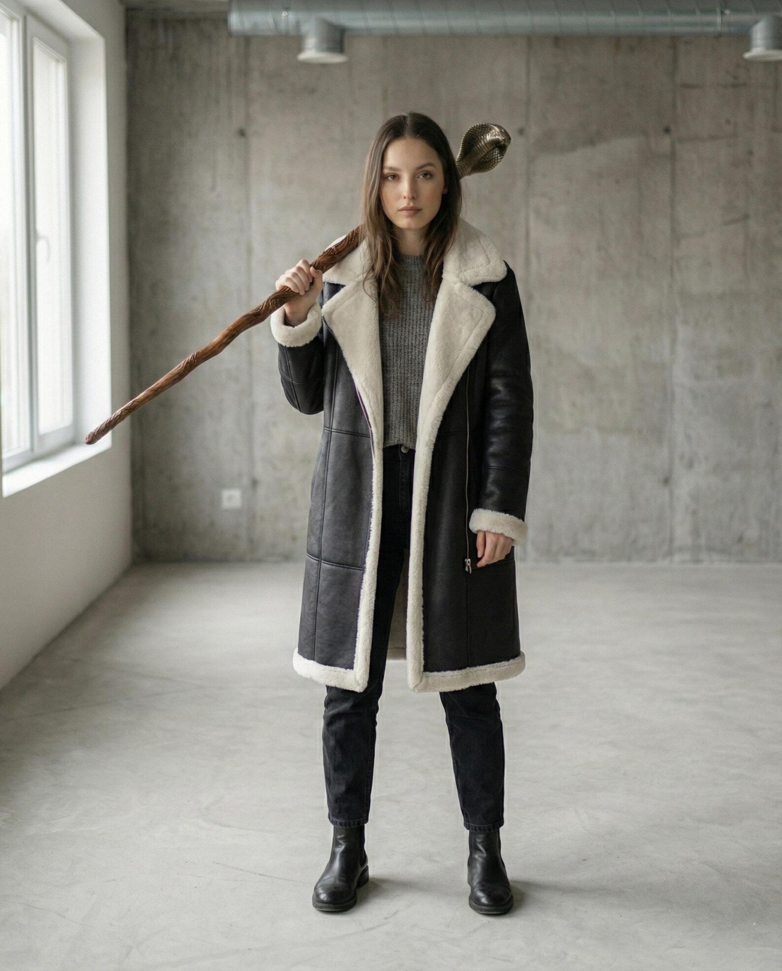 Women’s Black Leather Coat | Belted Winter Trench | Warm Fur Lined Aviator Jacket | B3 Bomber