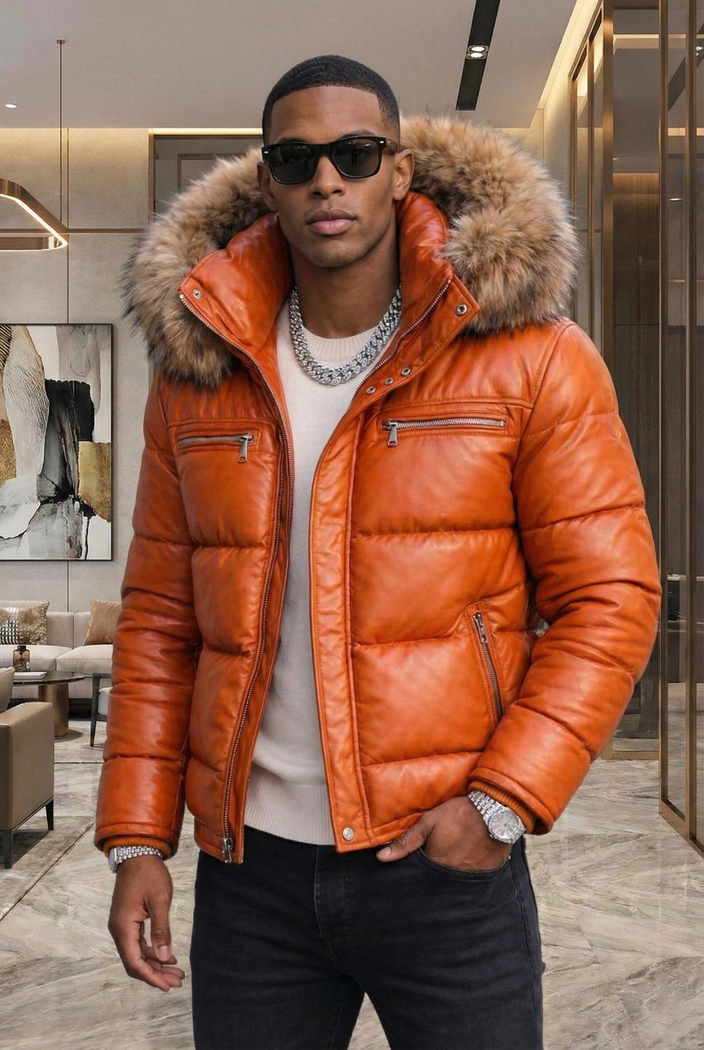 Men's Burnt Orange Leather Puffer Jacket with Fur Hood