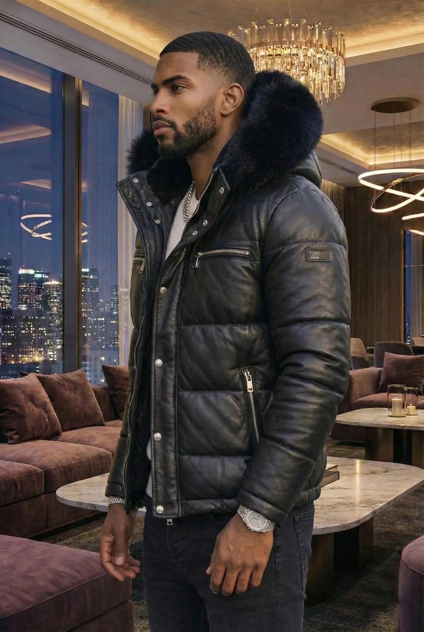Men Black Leather Puffer Jacket with Fur Hood