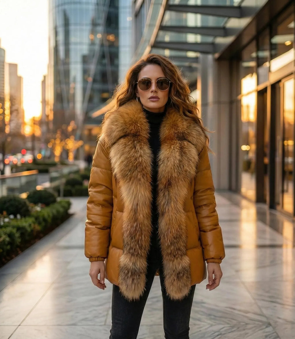 Camel Leather Puffer Jacket with Fur Collar, Quilted Winter Coat for Women