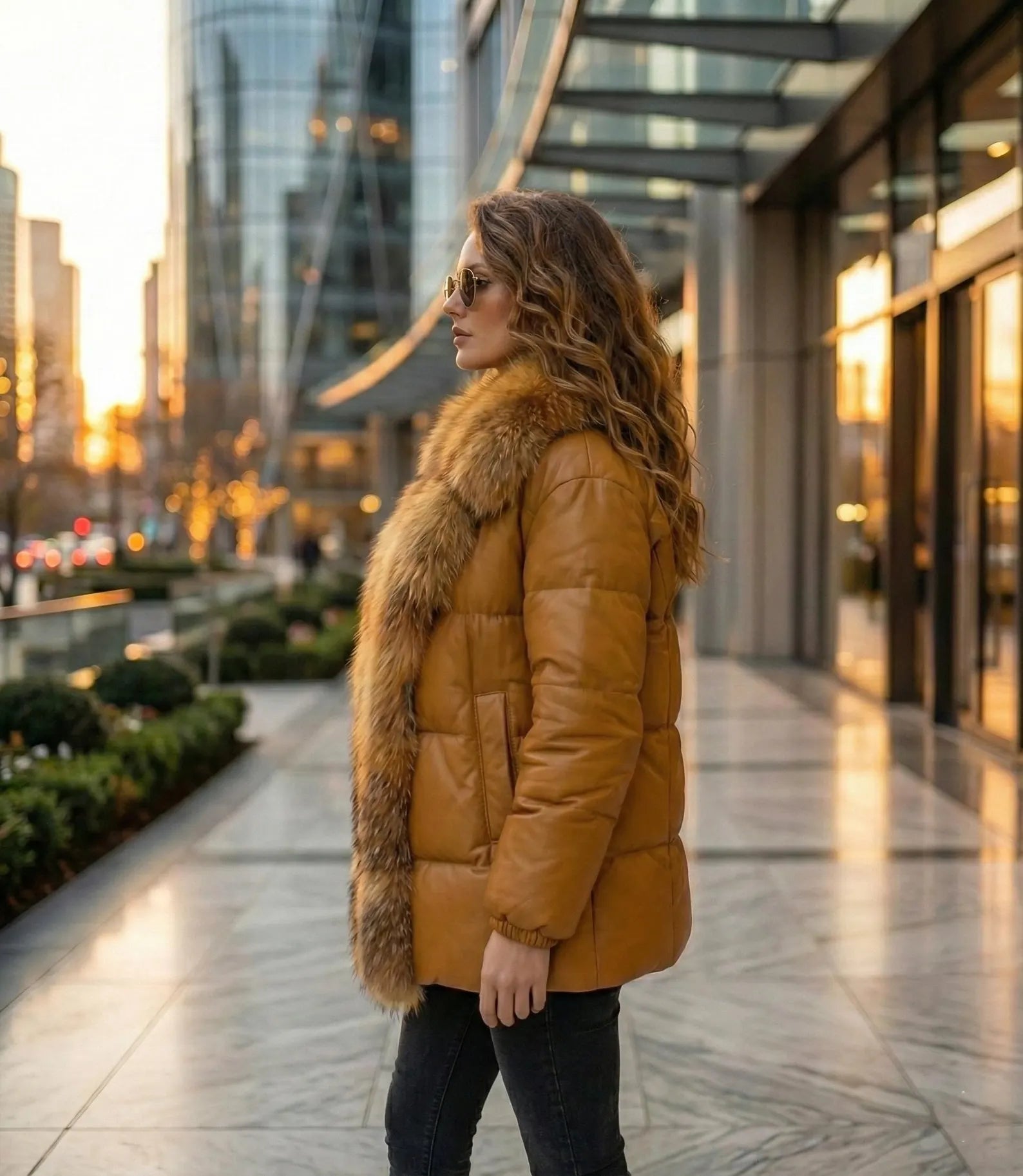 Camel Leather Puffer Jacket with Fur Collar, Quilted Winter Coat for Women