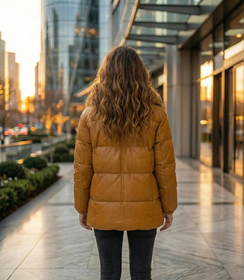Camel Leather Puffer Jacket with Fur Collar, Quilted Winter Coat for Women