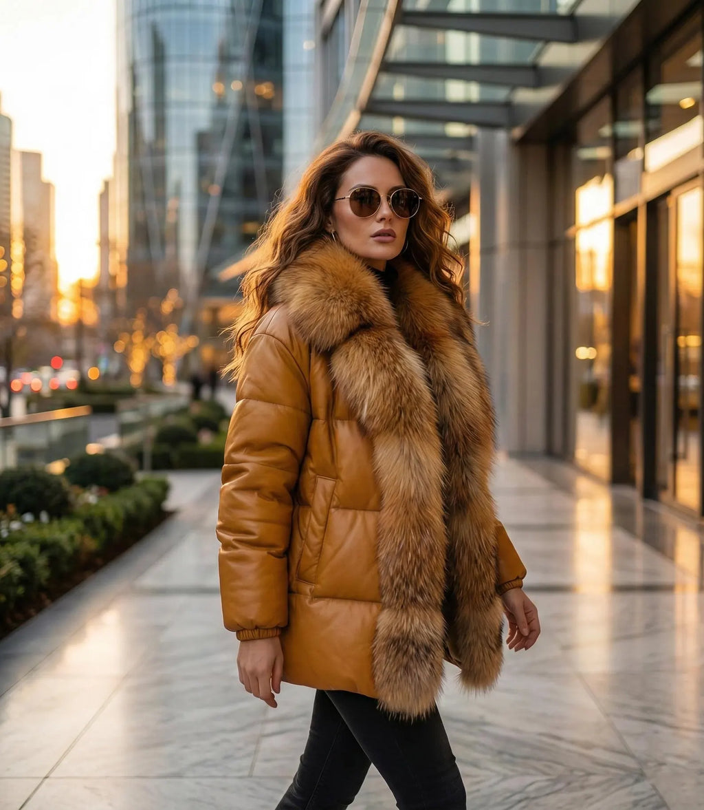 Camel Leather Puffer Jacket with Fur Collar, Quilted Winter Coat for Women