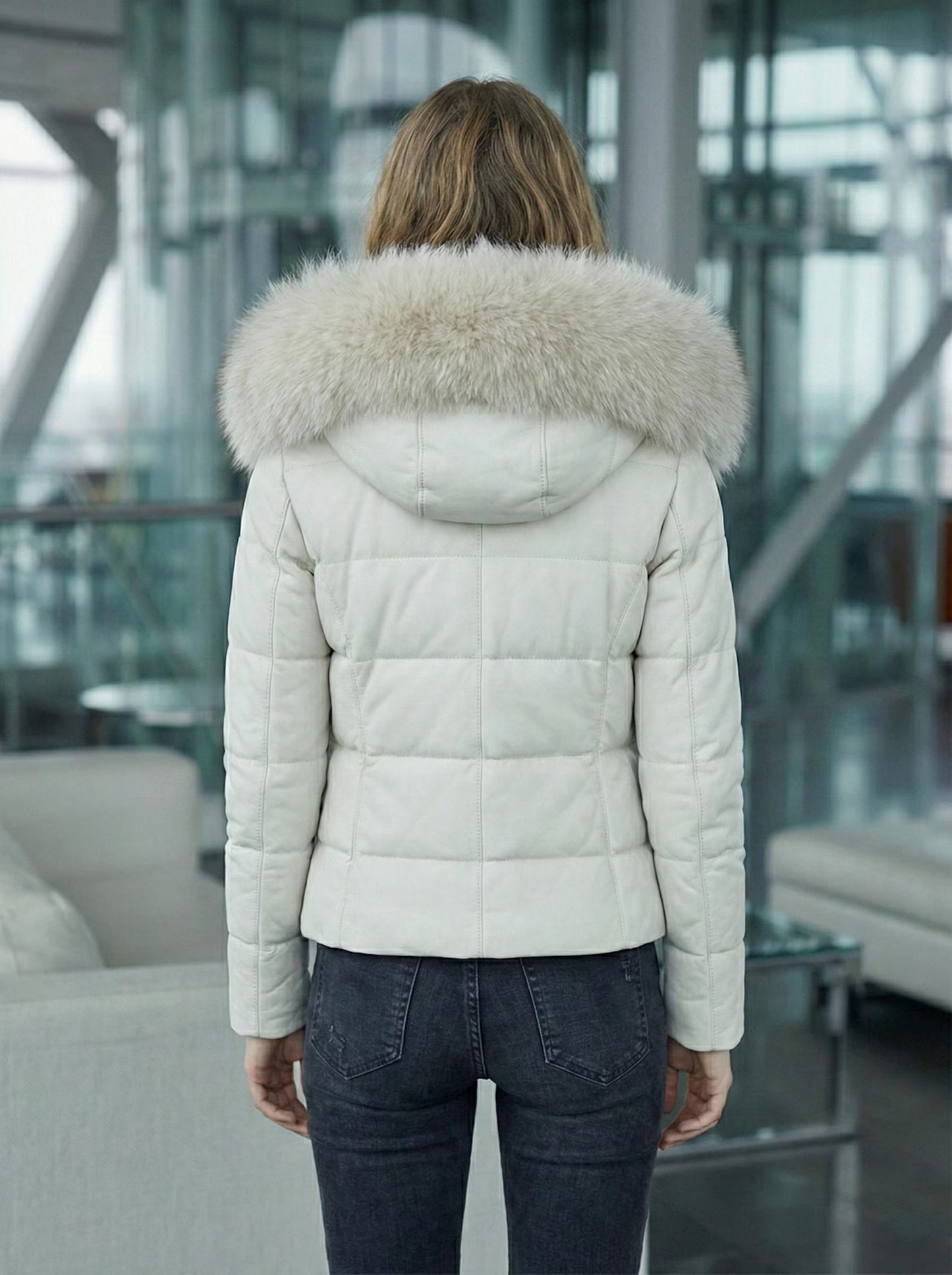 White Leather Puffer Jacket with Fur Hood