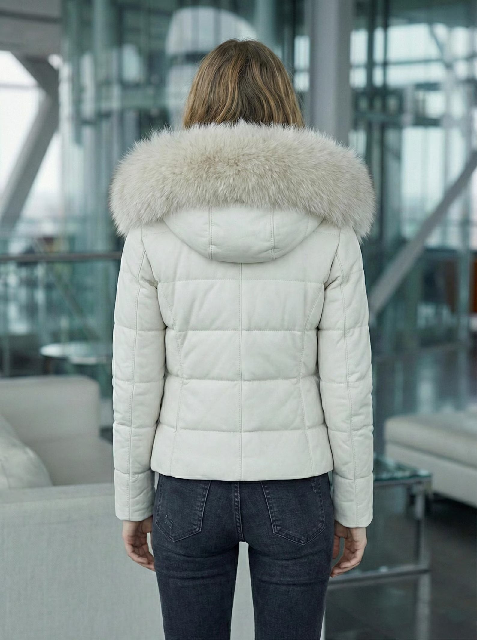 White Leather Puffer Jacket with Fur Hood - Women’s Warm Winter Quilted Coat - Trendy Bubble Jacket