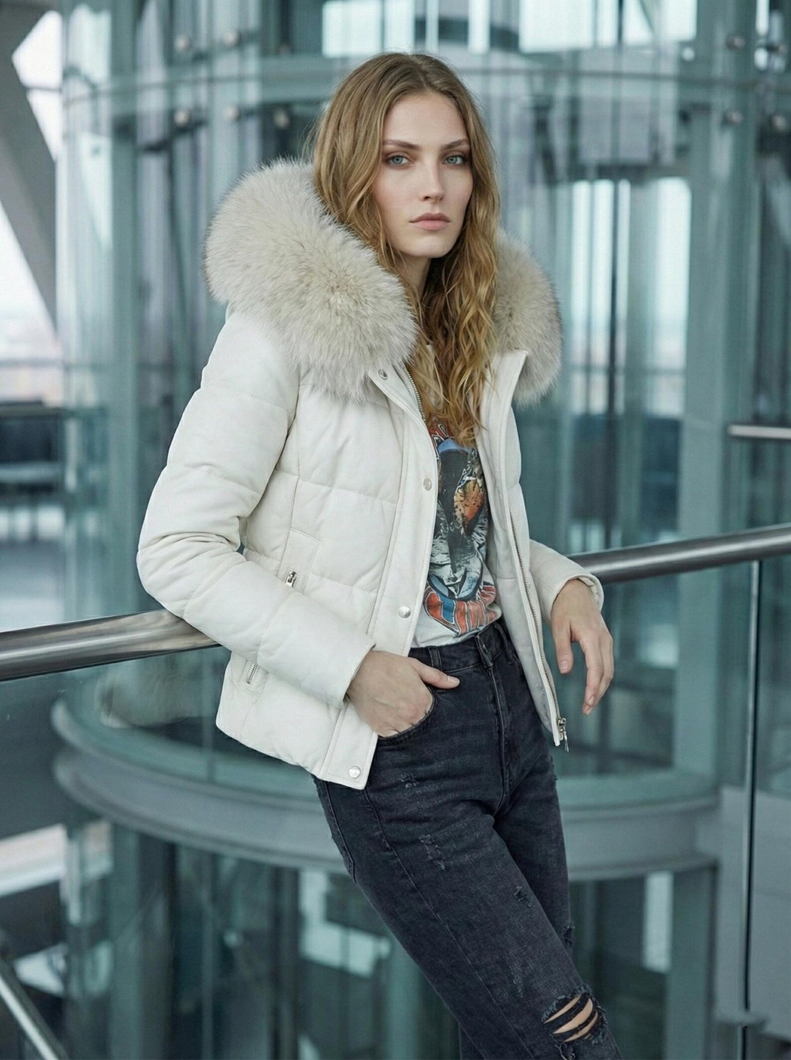 White Leather Puffer Jacket with Fur Hood - Women’s Warm Winter Quilted Coat - Trendy Bubble Jacket