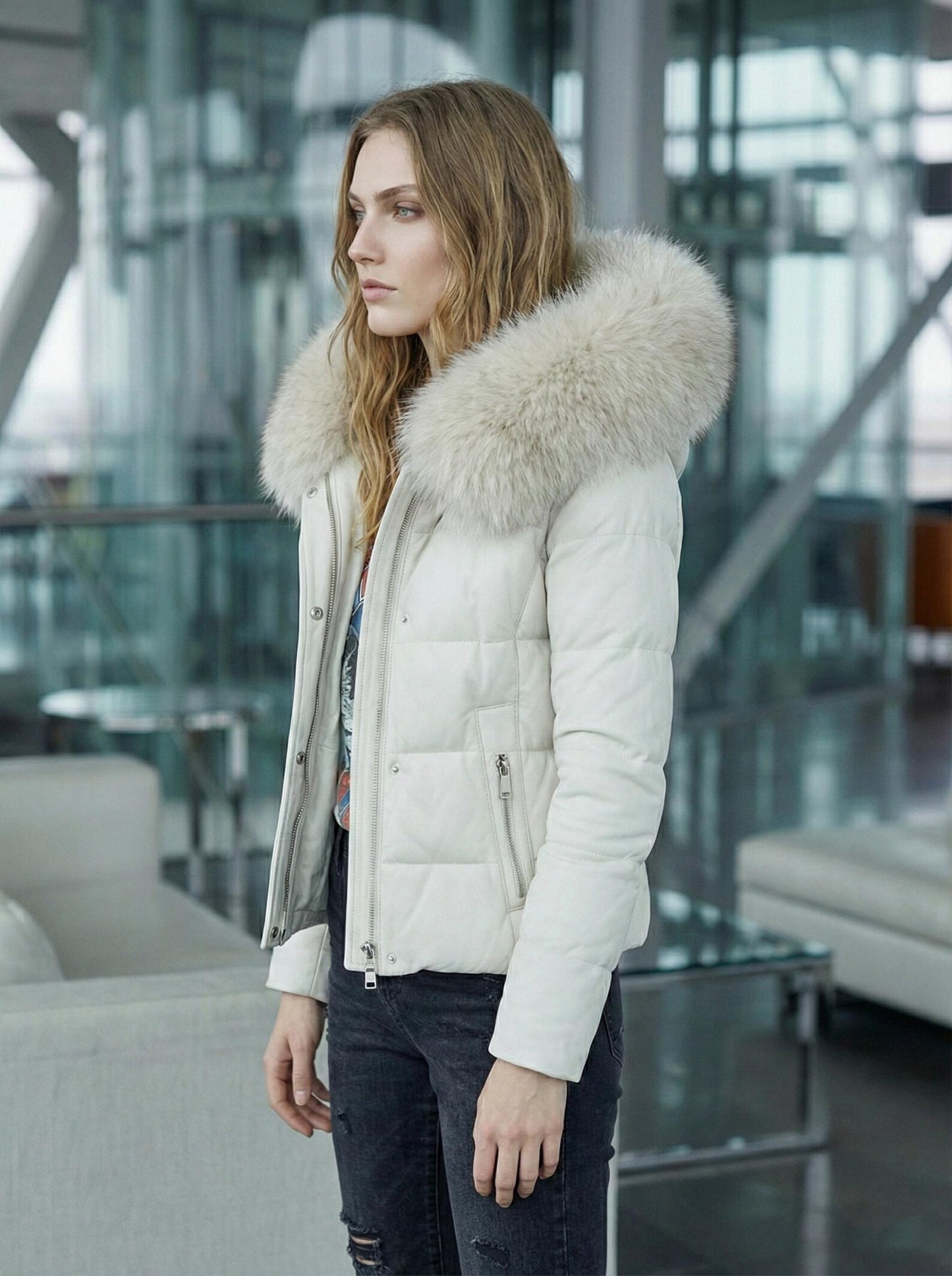 White Leather Puffer Jacket with Fur Hood