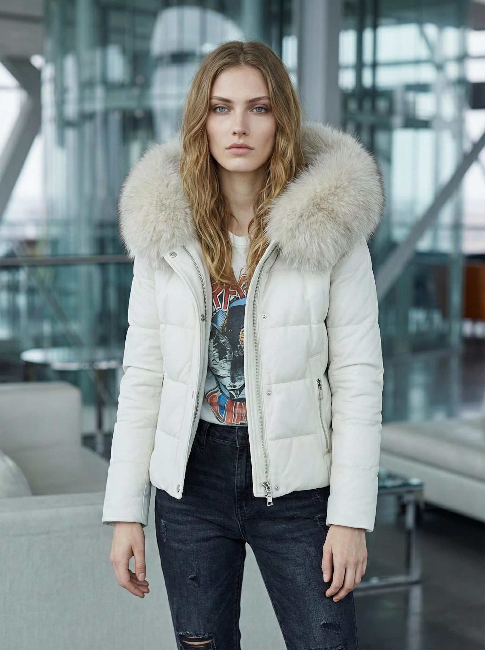 White Leather Puffer Jacket with Fur Hood - Women’s Warm Winter Quilted Coat - Trendy Bubble Jacket