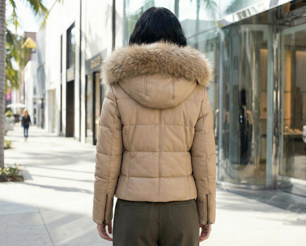 Leather Puffer Jacket Women | Hooded Winter Coat with Fur Trim | Quilted Genuine Leather Bomber