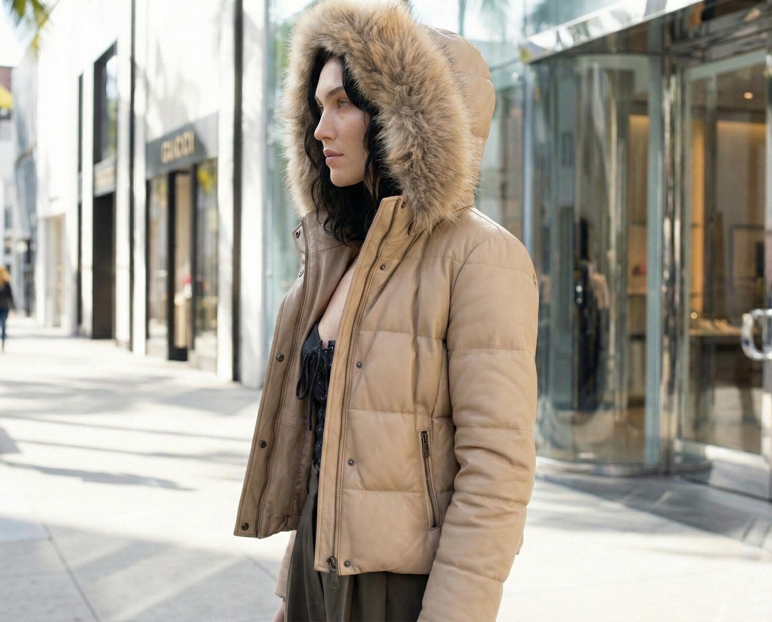 Leather Puffer Jacket Women | Hooded Winter Coat with Fur Trim | Quilted Genuine Leather Bomber