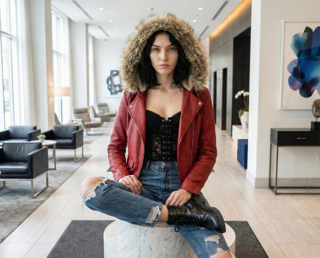 Women's Red Leather Biker Jacket with Fur Hood - Winter Moto Coat - Warm Hooded Outerwear