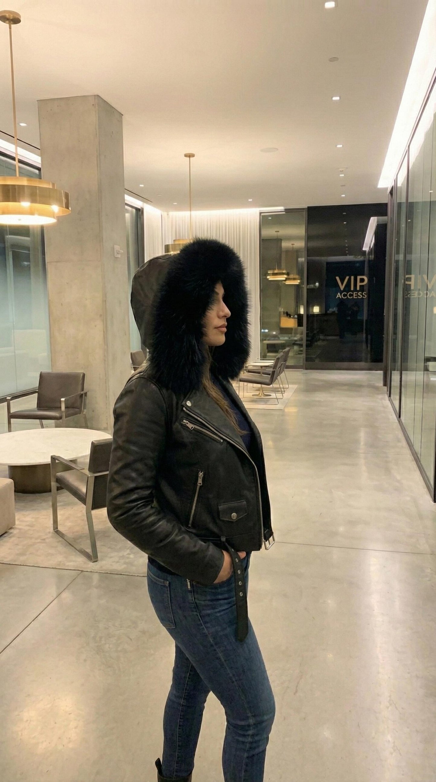 Women's Black Leather Biker Jacket with Fur Hood