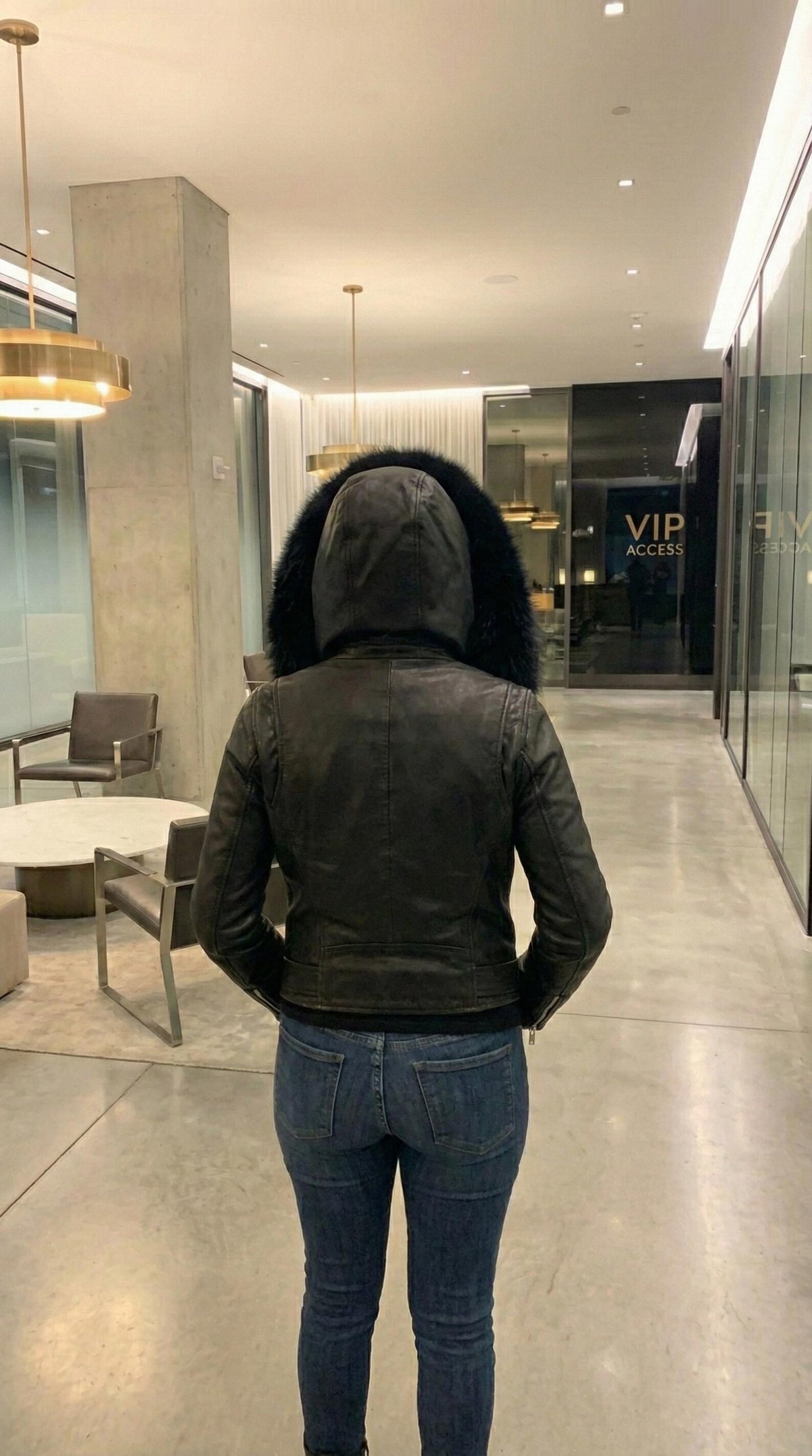 Women's Black Leather Biker Jacket with Fur Hood