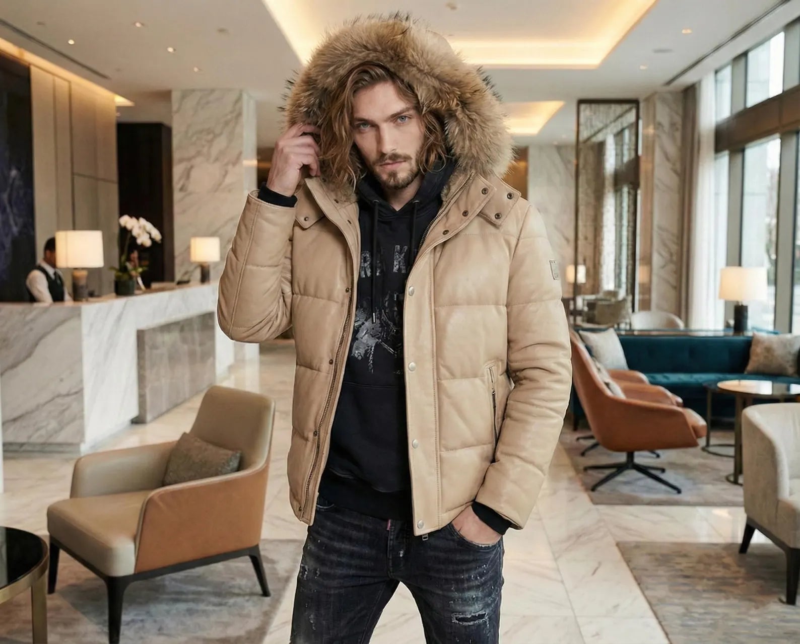 Men’s Beige Leather Puffer Jacket with Fur Hood - Warm Winter Quilted Coat for Men