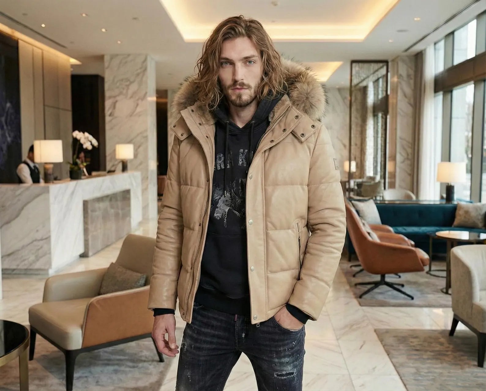 Men’s Beige Leather Puffer Jacket with Fur Hood - Warm Winter Quilted Coat for Men