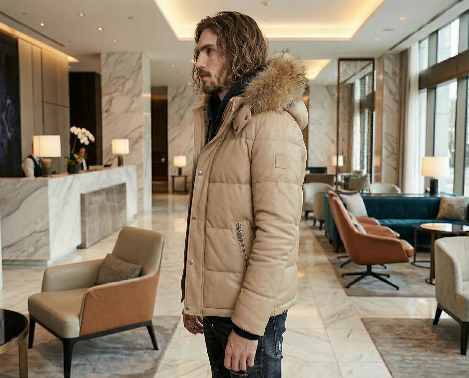 Men’s Beige Leather Puffer Jacket with Fur Hood - Warm Winter Quilted Coat for Men