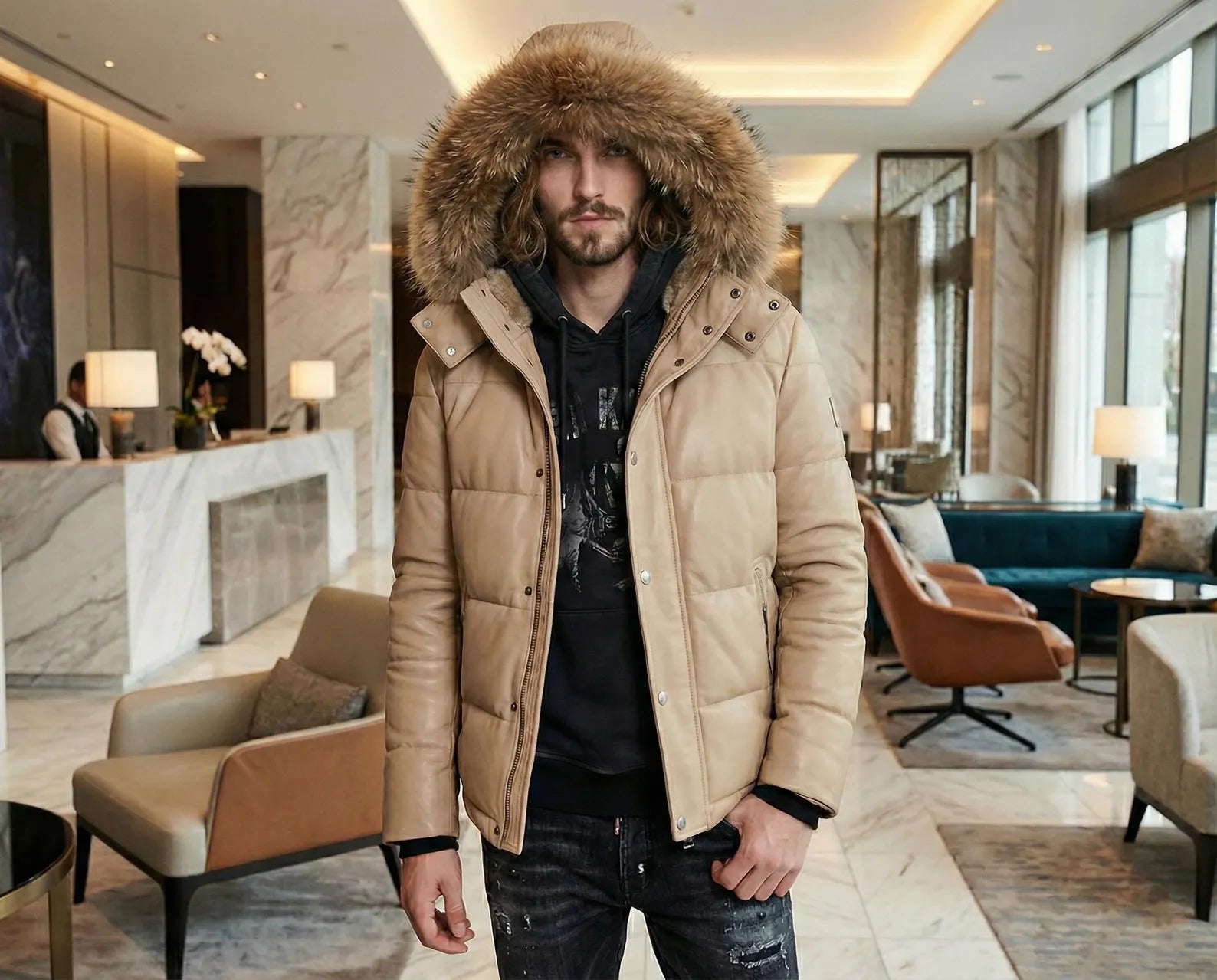 Men’s Beige Leather Puffer Jacket with Fur Hood - Warm Winter Quilted Coat for Men