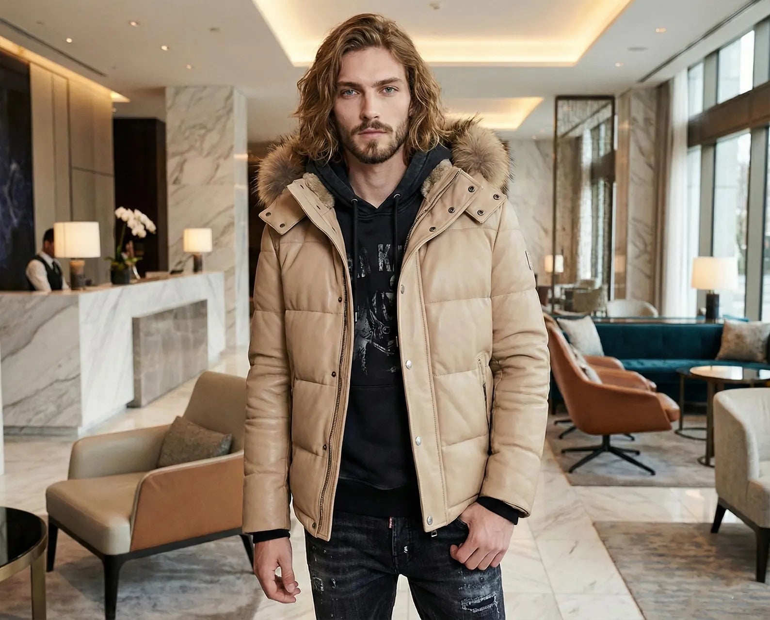Men’s Beige Leather Puffer Jacket with Fur Hood - Warm Winter Quilted Coat for Men