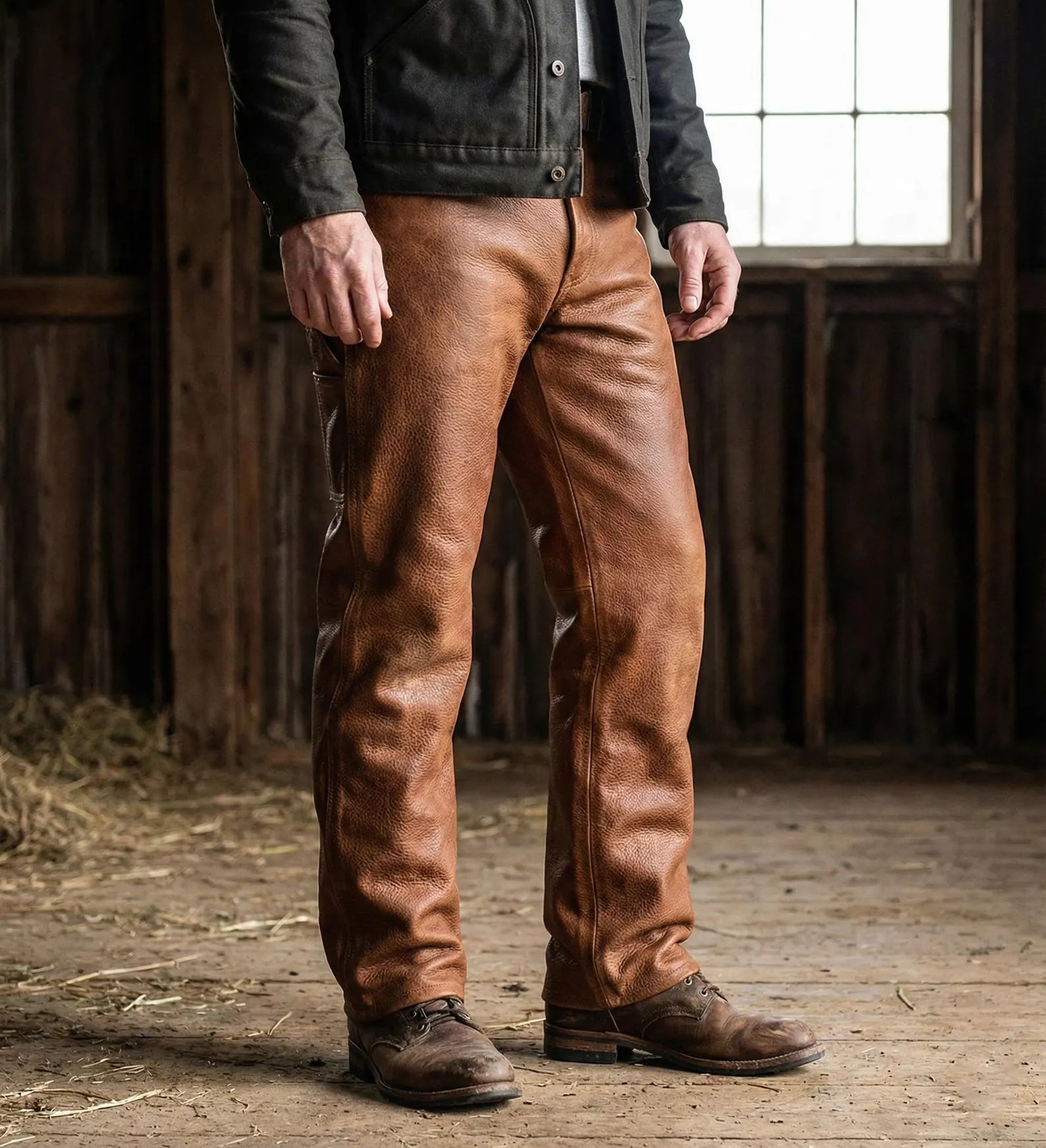 Men’s Brown Leather Pants Vintage Workwear Style Straight Leg Trousers Rugged Genuine Cowhide