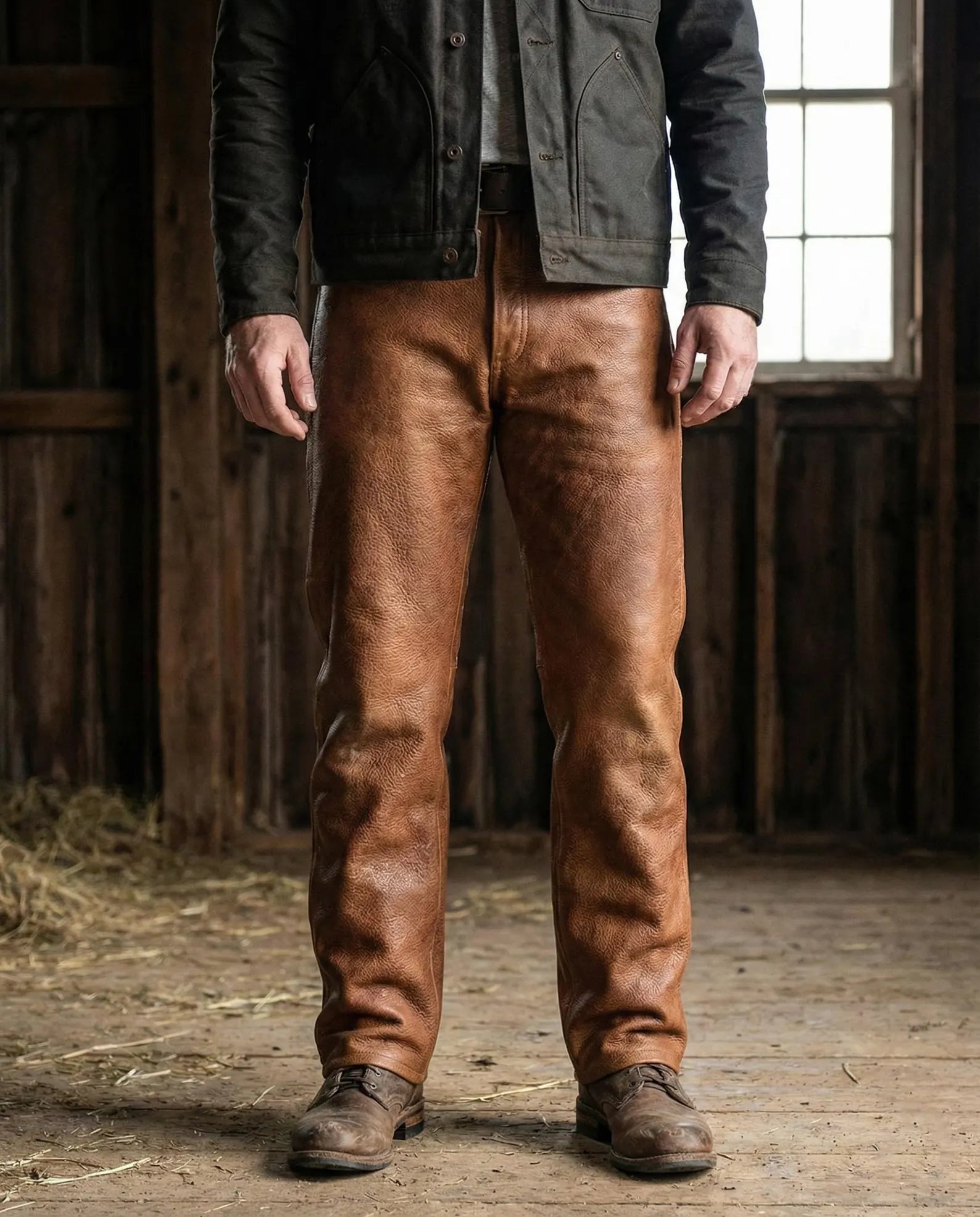 Men’s Brown Leather Pants Vintage Workwear Style Straight Leg Trousers Rugged Genuine Cowhide