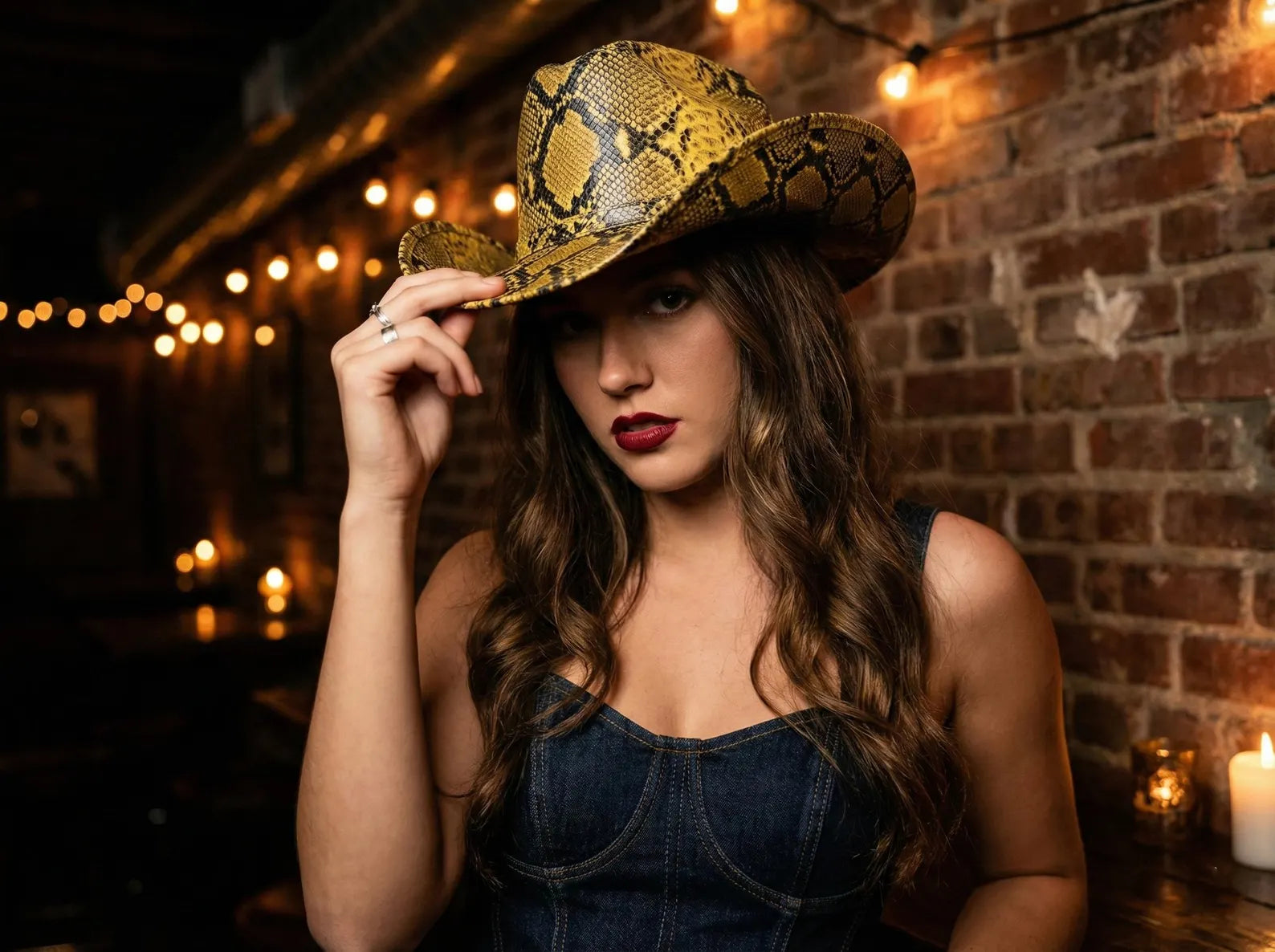 Yellow Snakeskin Leather Cowboy Hat - Embossed Python Western Style - Festival Cowgirl Wear