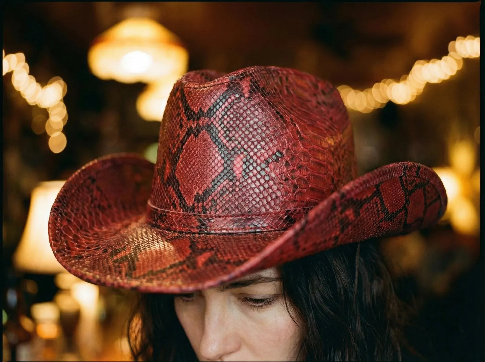 Red Embossed Snakeskin Leather Cowboy Hat