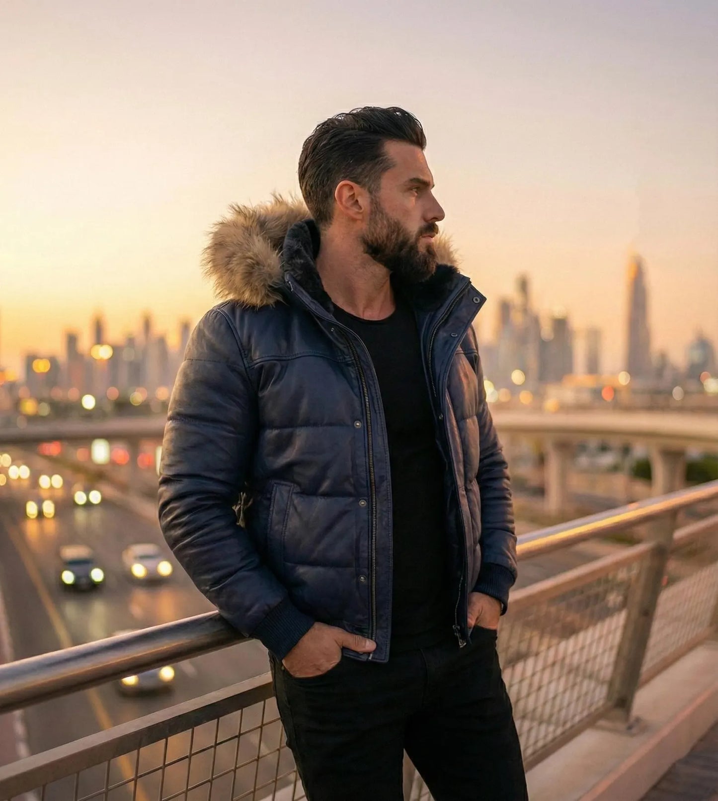 Navy Blue Leather Puffer Jacket,