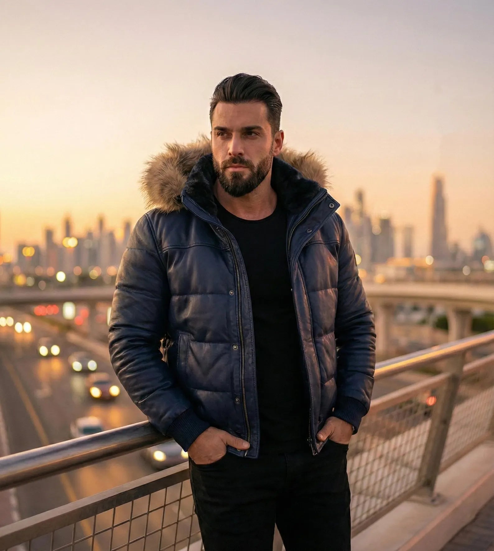 Navy Blue Leather Puffer Jacket, Men's Winter Bomber Coat