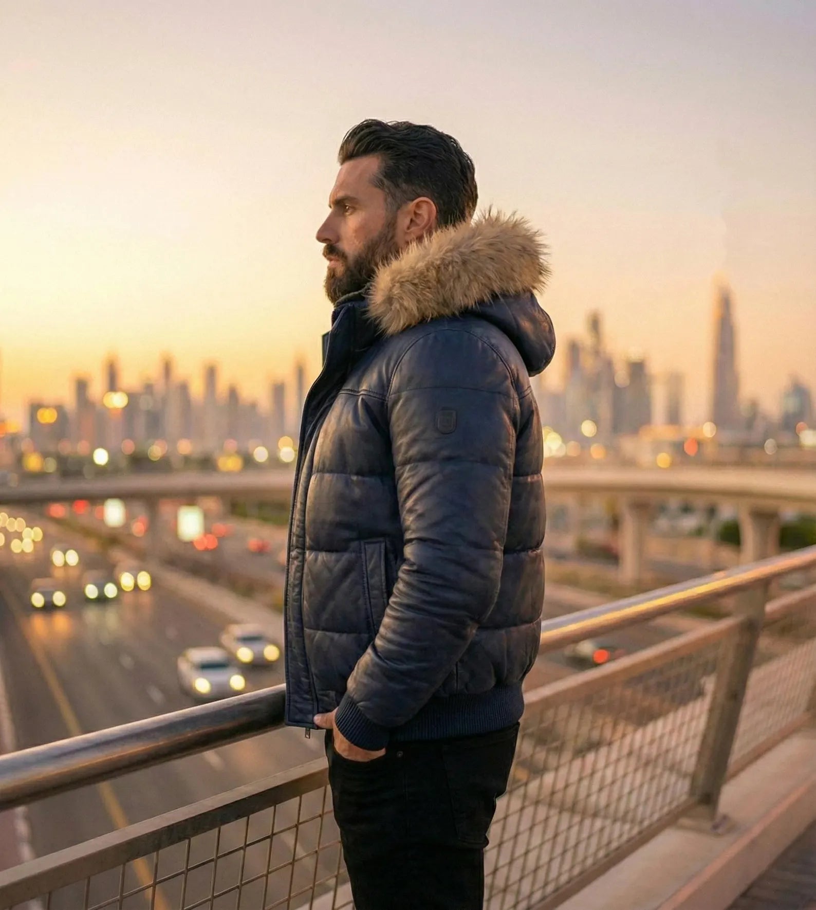 Navy Blue Leather Puffer Jacket, Men's Winter Bomber Coat