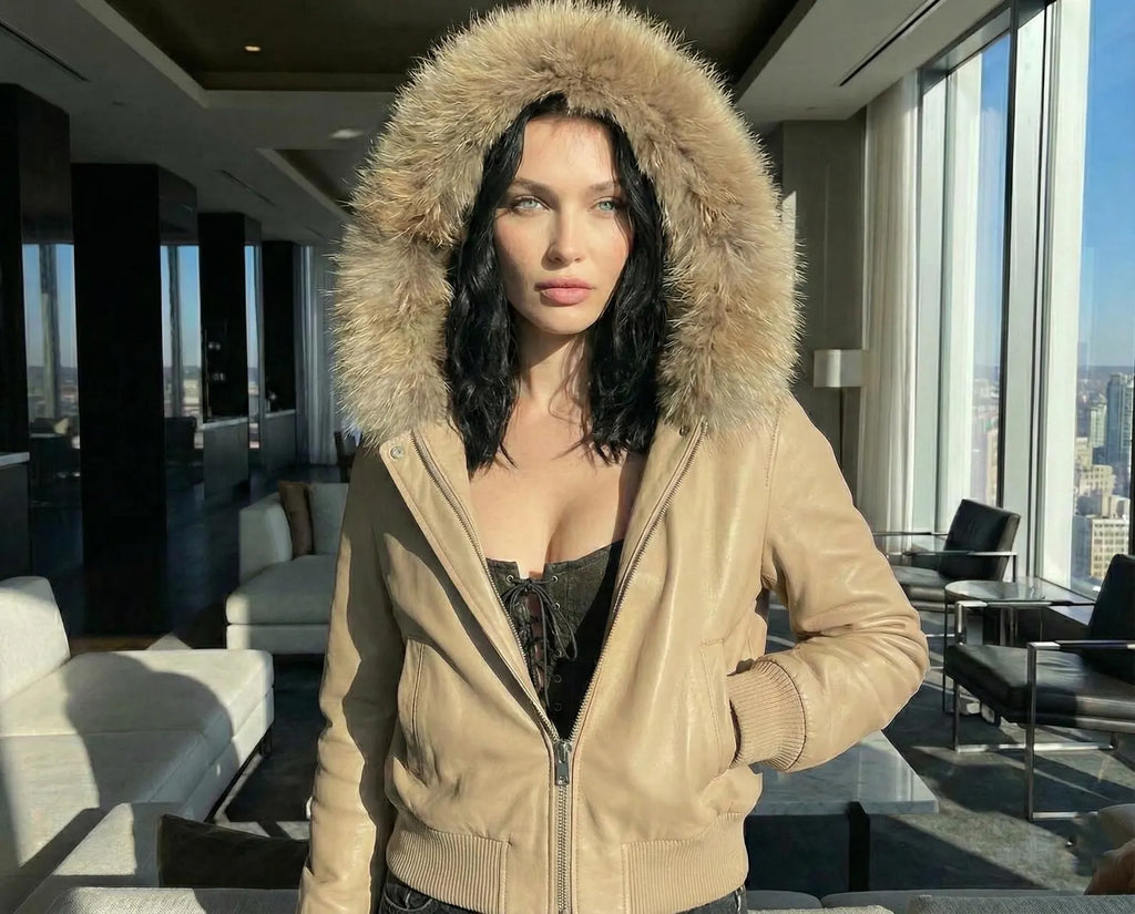 Women's Bomber Leather Jacket with Fox Fur Hood Winter Bomber Coat