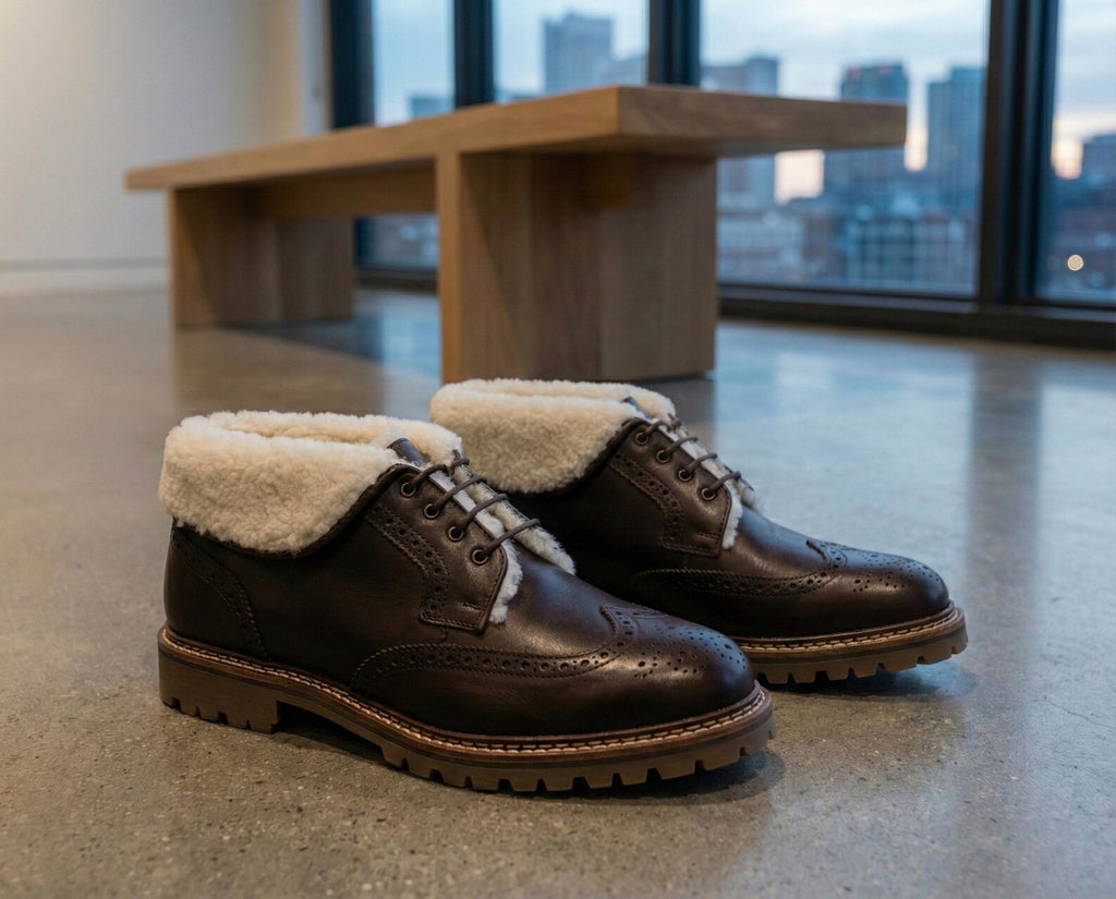 Fur Lined Wingtip Oxfords - Cozy Shearling Ankle Boots - Rugged Lug Sole - Handmade Warm Footwear