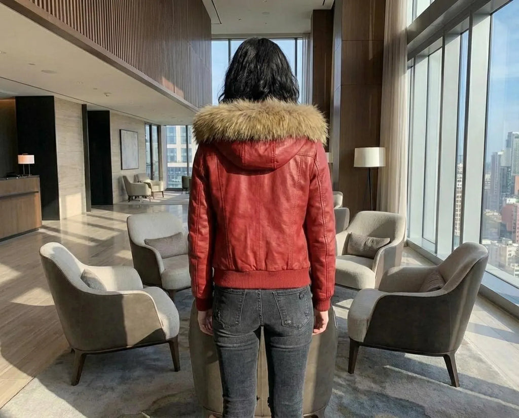 Red Leather Bomber Jacket with Fur Hood, Genuine Sheepskin Winter Aviator Coat