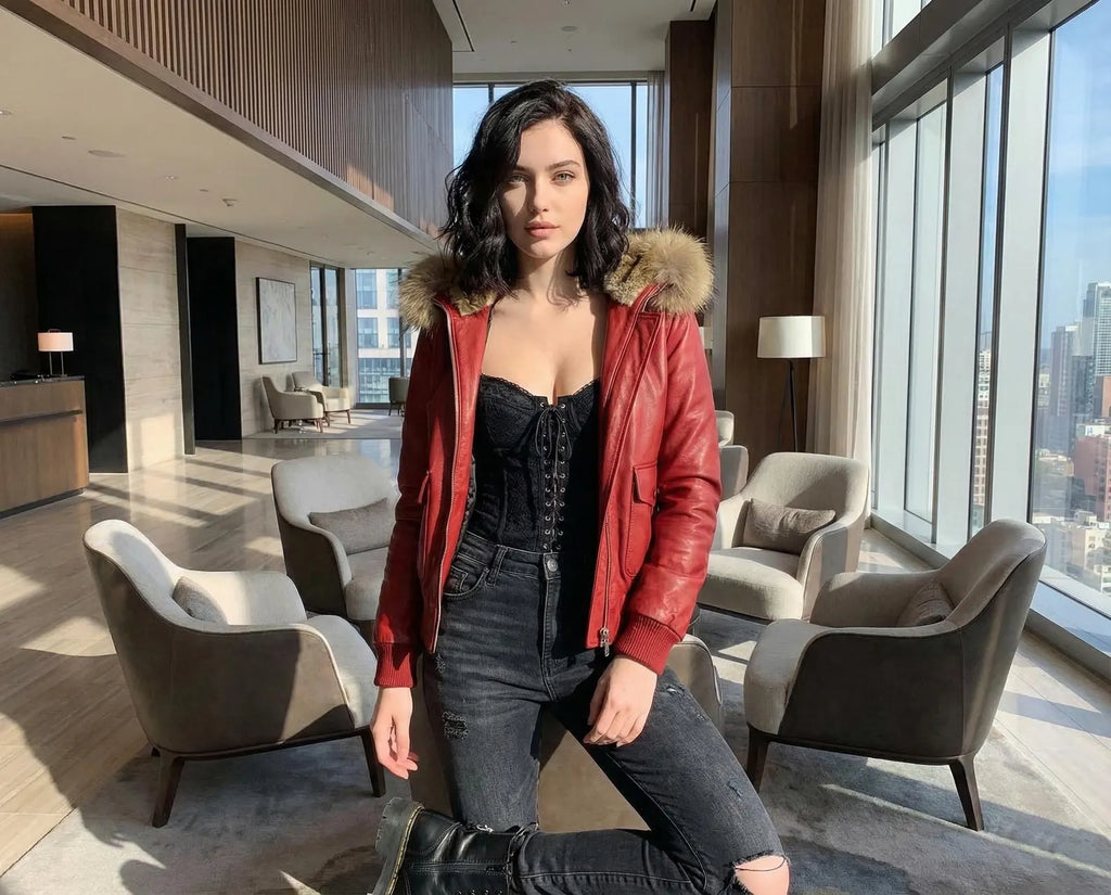 Red Leather Bomber Jacket with Fur Hood, Genuine Sheepskin Winter Aviator Coat