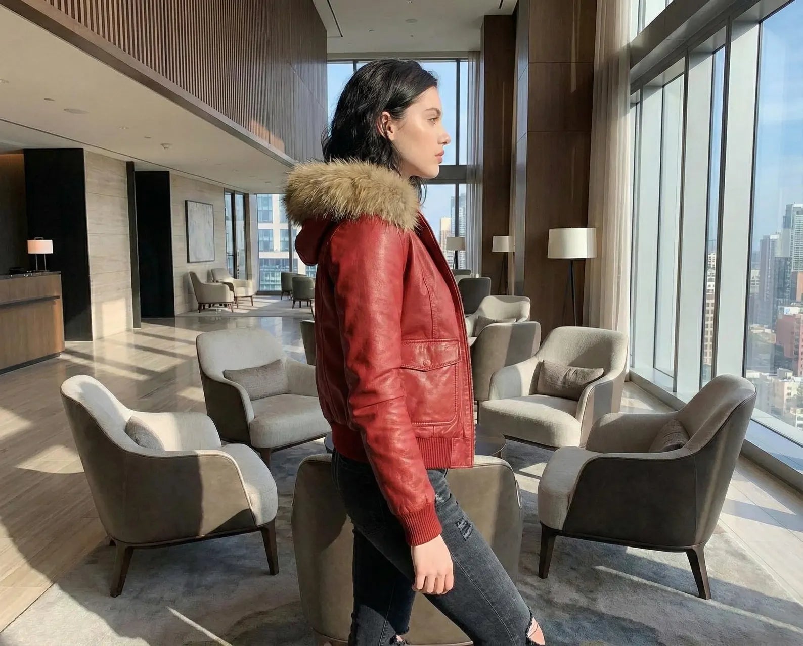 Red Leather Bomber Jacket with Fur Hood, Genuine Sheepskin Winter Aviator Coat