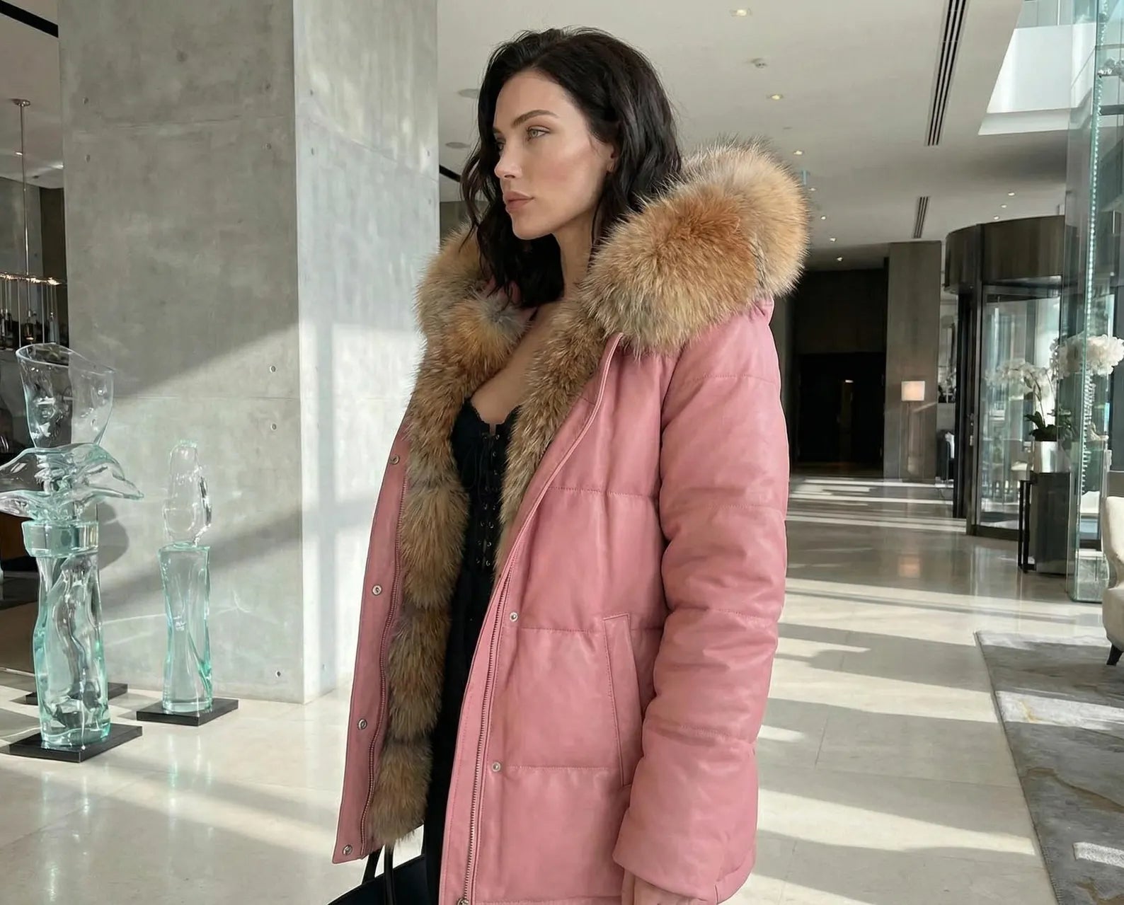 Pink Leather Puffer Jacket with Fox Fur Hood, Womens Winter Parka Coat