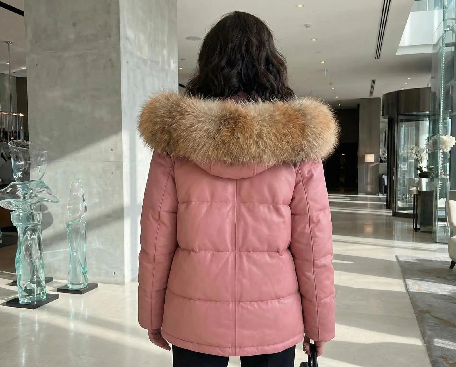 Pink Leather Puffer Jacket with Fox Fur Hood, Womens Winter Parka Coat