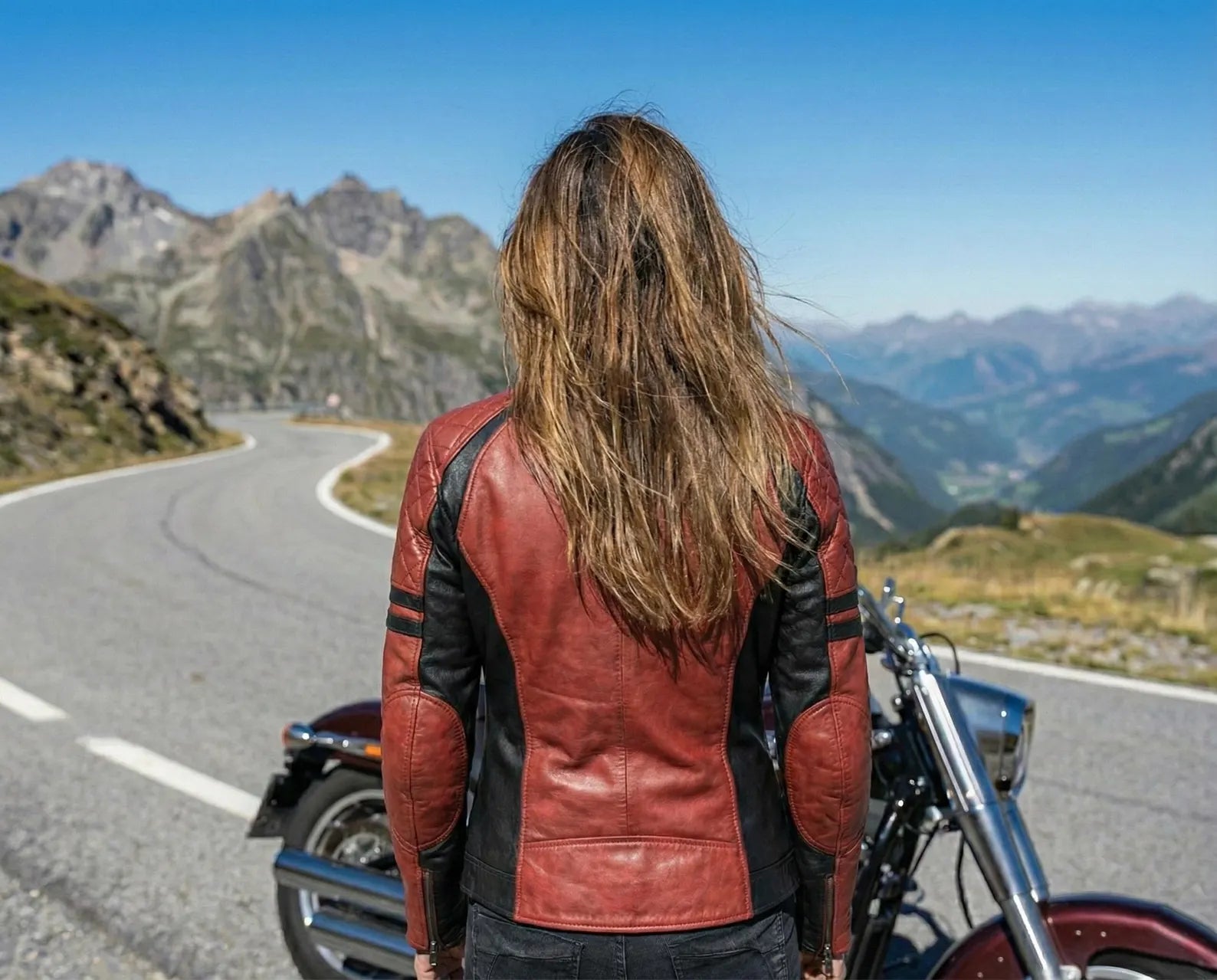 Women's Red Leather Biker Jacket - Quilted Cafe Racer Moto Coat - Black & Red Racing Style